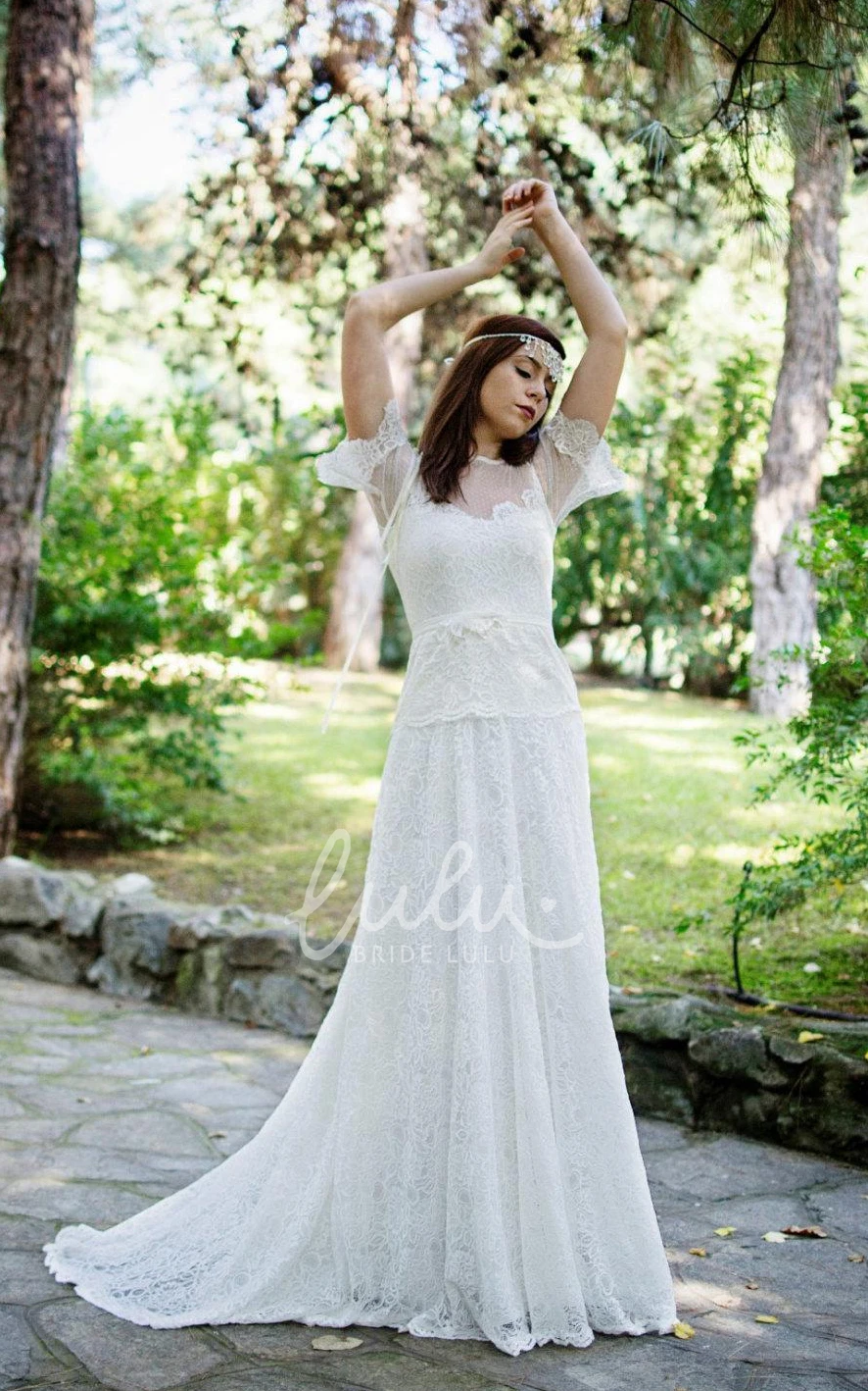 Illusion Back Lace Wedding Dress with Short Bell Sleeves and Sash Boho Bridal Gown