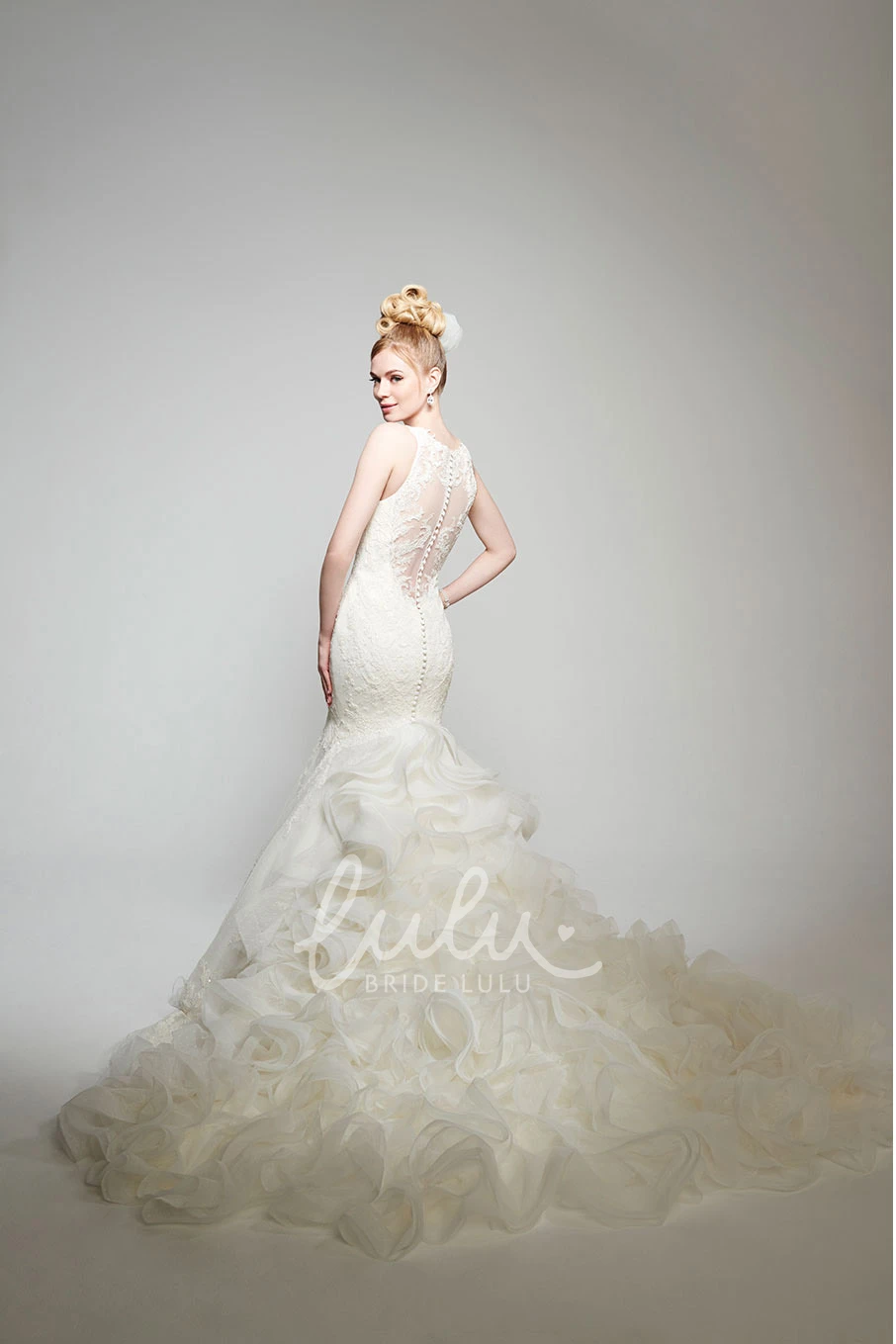 Jewel Lace Mermaid Wedding Dress with Illusion Back Sleeveless Appliqued Dress