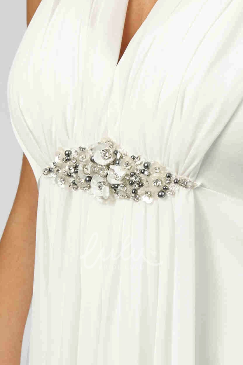 Pleated V-Neck Sheath Chiffon Wedding Dress with Broach Simple Bridal Gown