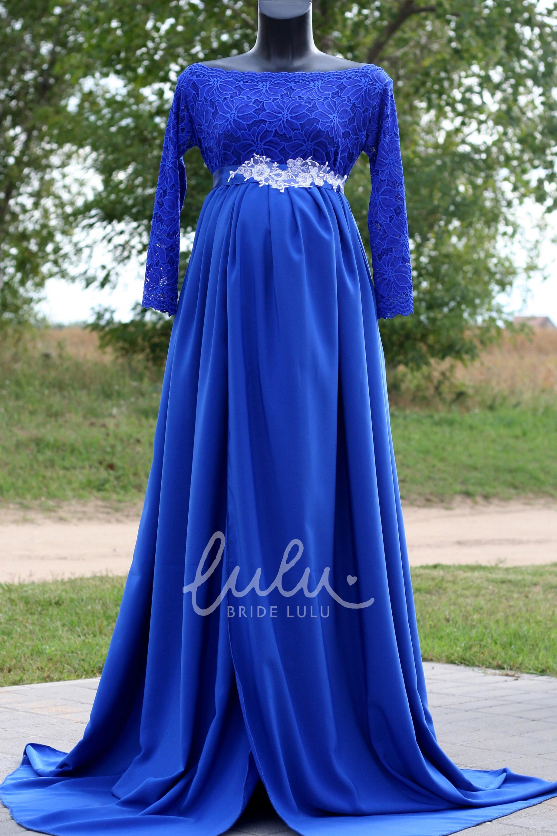 Empire Waist Maternity Dress with Long Sleeves and Brush Train