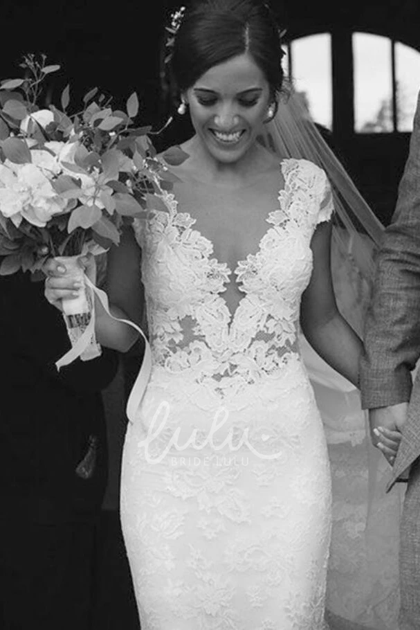 Sexy Mermaid Lace Bridal Gown with Illusion Tulle Back and Cap Sleeves