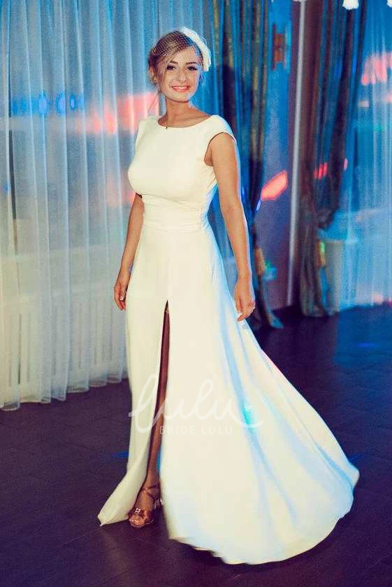 Scoop-Neck Short Sleeve Split Front Long Wedding Dress