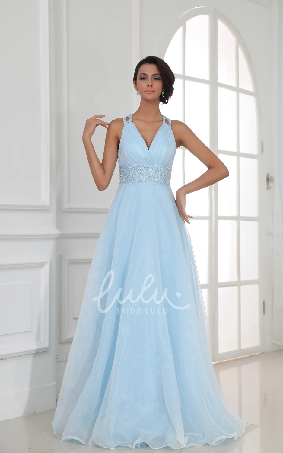 Halter V-Neck A-Line Formal Dress with Sequined Waist Flowy Beach Bridal Gown