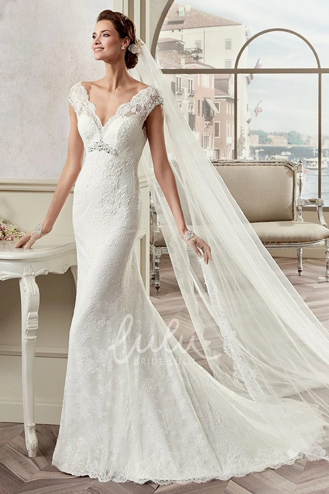 Cap Sleeve Lace Open Back Wedding Dress with Brush Train Classy and Modern