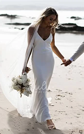Simple Satin Garden Wedding Dress with Spaghetti Straps Sheath Open Back