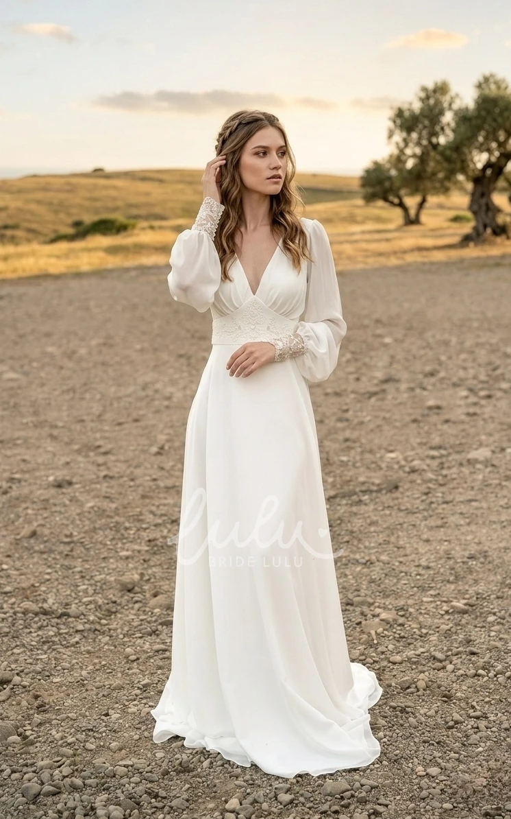 Sexy V-neck Open Back Sash Country Chiffon Garden Spring Wedding Dress