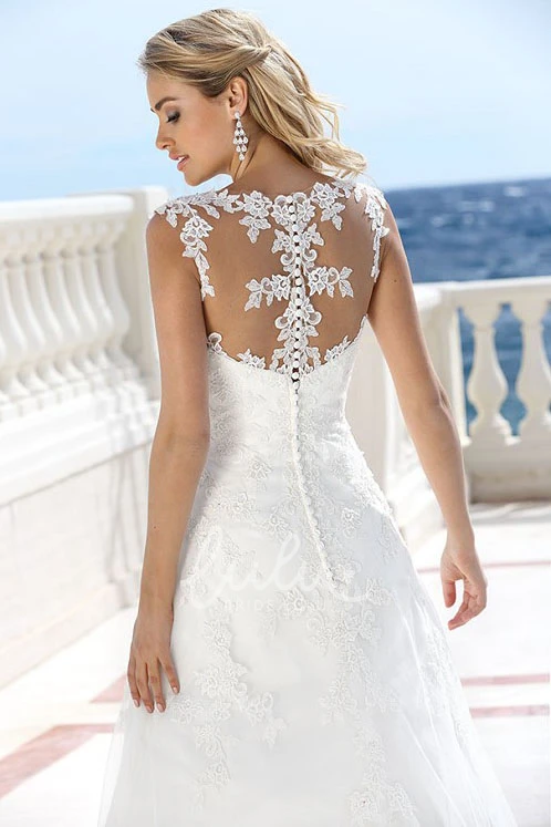 Long Satin V-Neck Wedding Dress with Illusion and Appliques