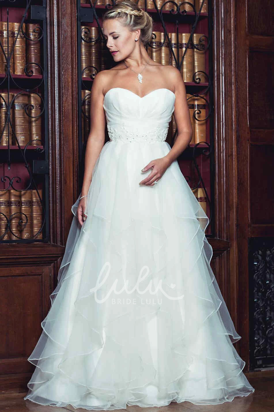 Organza Sweetheart Wedding Dress with Beading Draping and Deep-V Back A-Line Wedding Dress