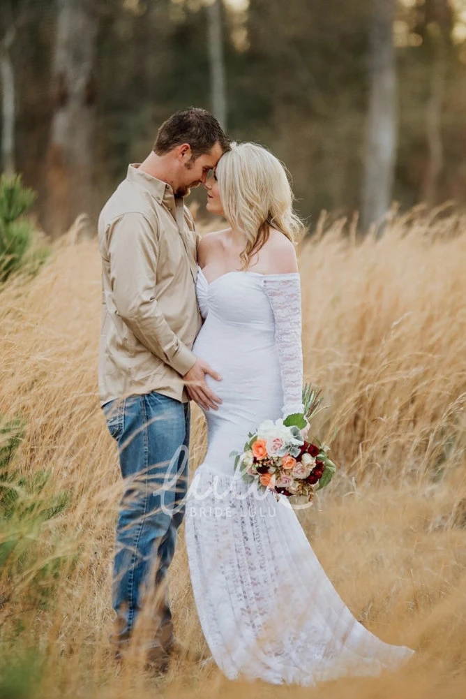 Mermaid Lace Off-the-shoulder Ruched Maternity Wedding Dress Long Sleeve Pleated