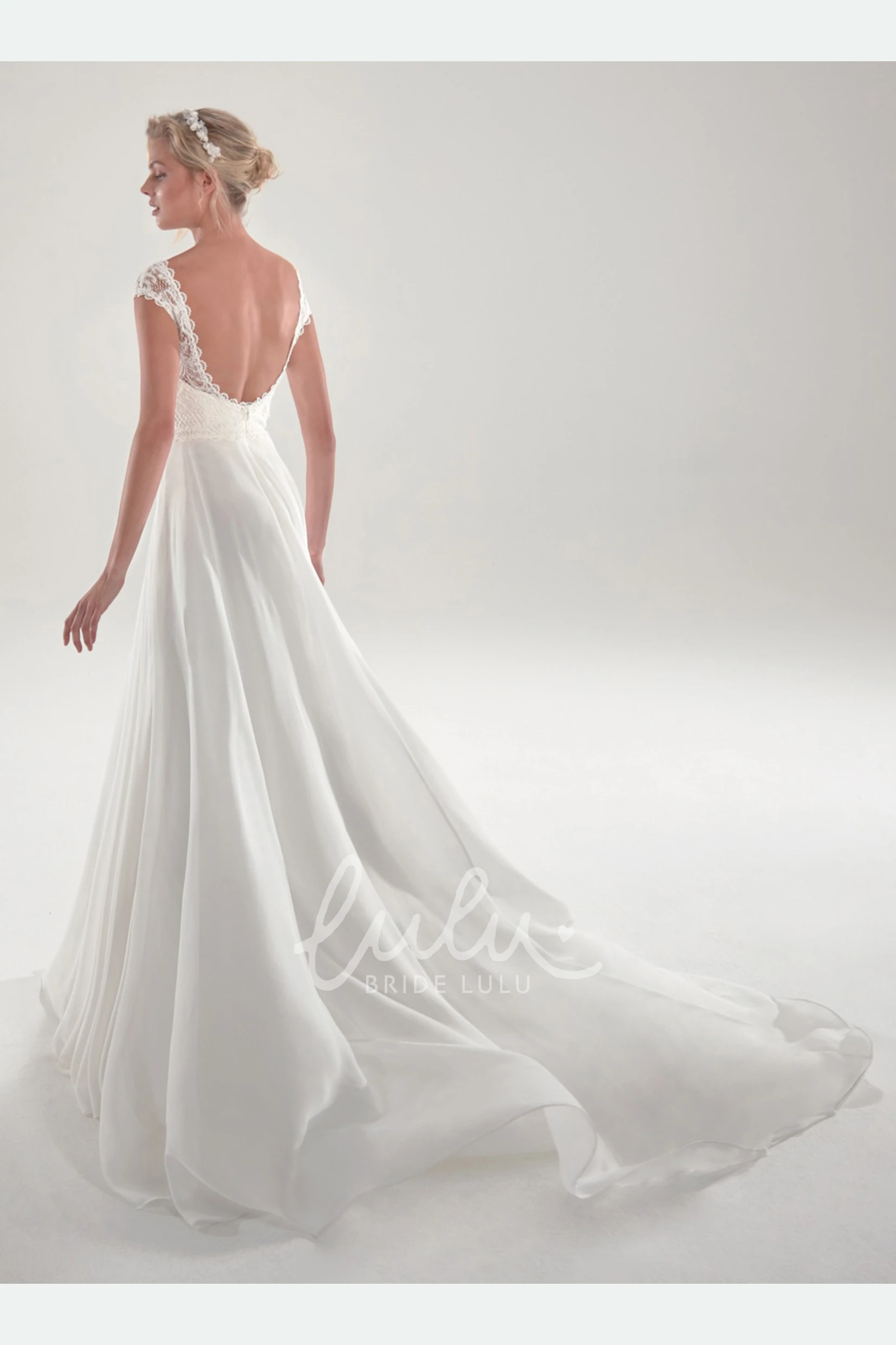 Short Sleeve Chiffon Wedding Dress with Chapel Train Gorgeous