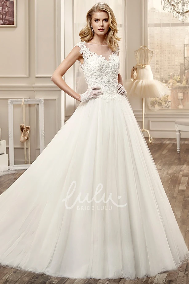 Lace Bodice Cap-Sleeve Wedding Dress with Pleated Skirt Elegant Wedding Dress