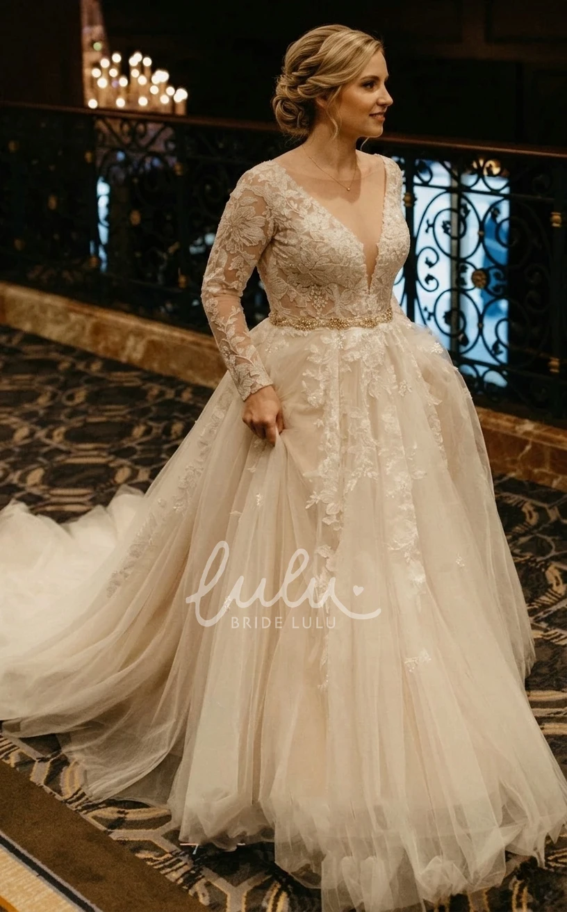 Elegant Tulle V-Neck Long Sleeve Spring Wedding Dress with Appliques & Floor-Length