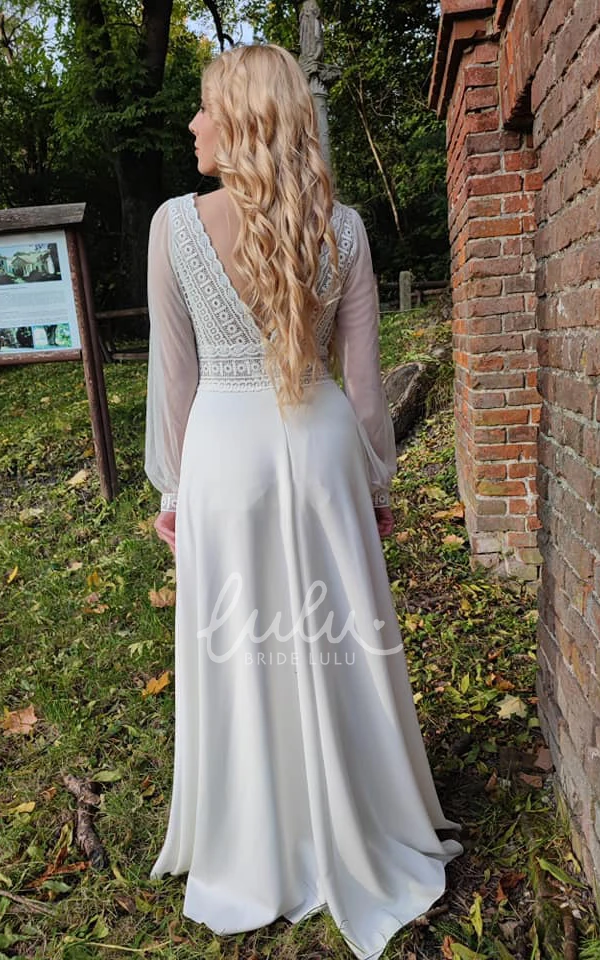 A-Line Satin Wedding Dress with Poet Long Sleeves and Zipper Back Romantic Satin Wedding Dress