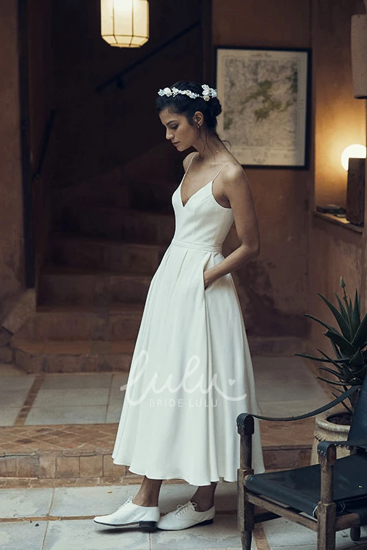 Elegant Minimalist Ankle-Length Bridal Gown with Pockets and Deep-V Back