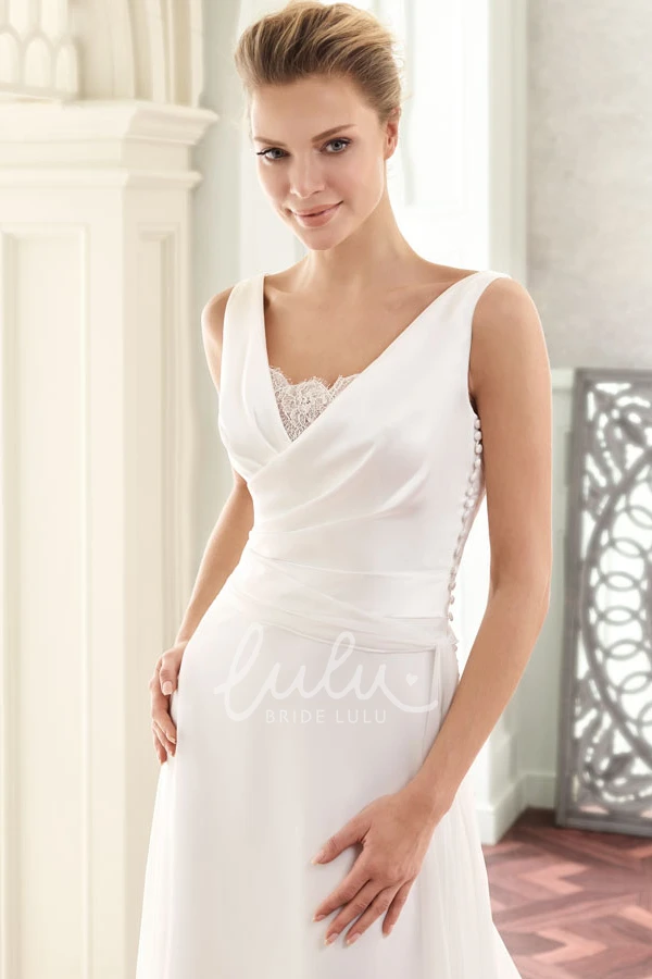 Chiffon V-Neck Wedding Dress with Appliques and Sweep Train Maxi Length