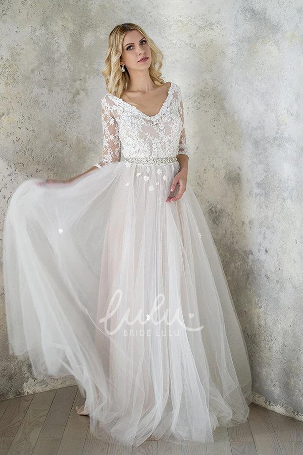 Beaded Lace Satin Wedding Dress with Tulle Sequins Sleeves