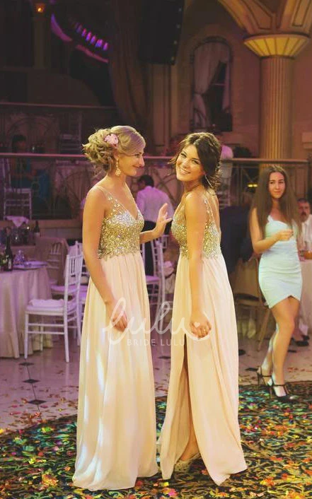 Chiffon A-line V-neck Bell Beaded Bridesmaid Dress with Split