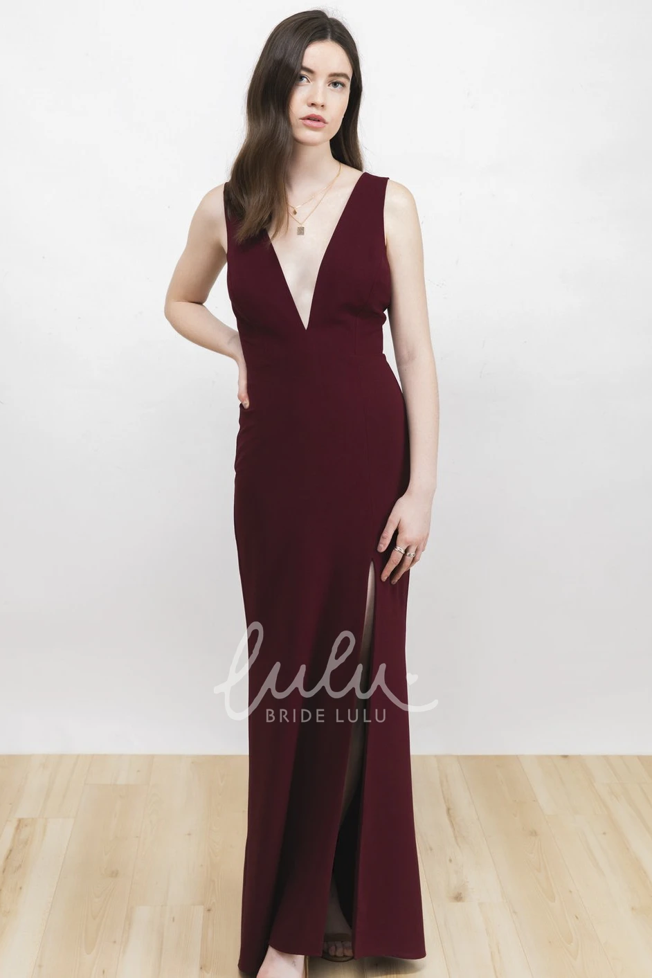 Burgundy Sleeveless Plunging Neckline Split Dress Sexy Bridesmaid Dress