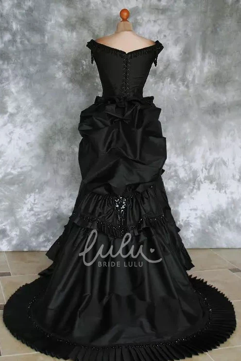 Taffeta A-Line Wedding Dress with Beading Ruffles and Tiers Bateau Neck Floor-length Short Sleeves