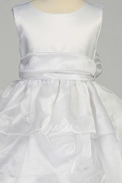 Ruched Organza Satin Flower Girl Dress Tea-Length