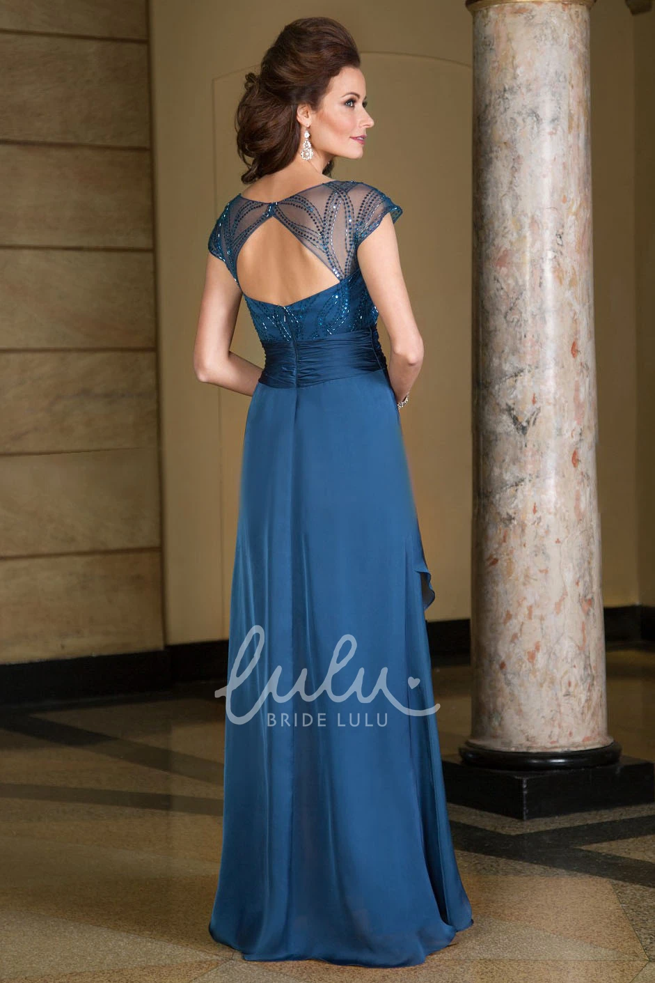 Ruffled V-Neck Mother of the Bride Dress with Cap Sleeves Flowy Formal Dress