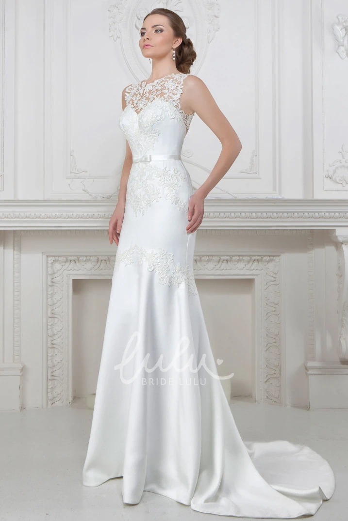 Sleeveless Maxi Jewel-Neck Satin Sheath Wedding Dress Classy Bridal Gown