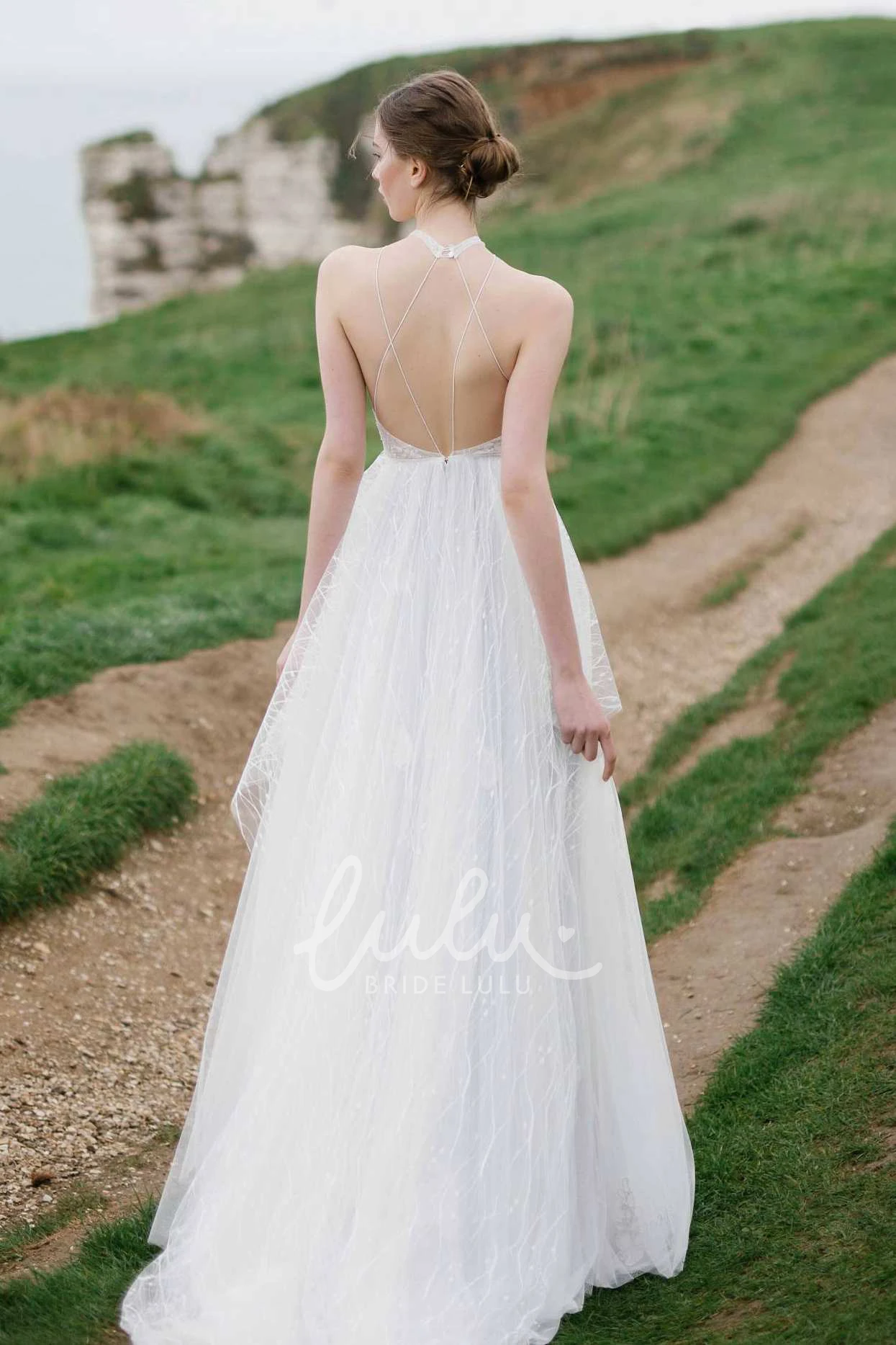 A-Line Tulle Dress with Appliques and High Neck Unique Wedding Gown