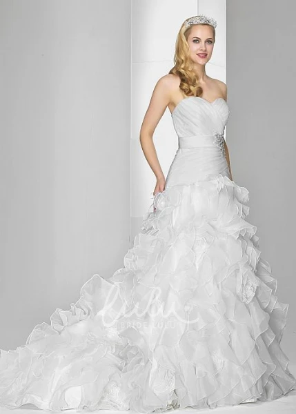 Organza Sweetheart A-Line Wedding Dress with Jeweled Bodice and Brush Train