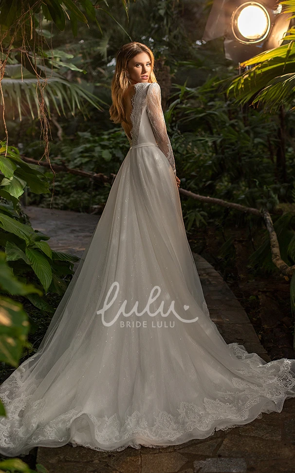 Lace Tulle Scalloped Neck Sequin Wedding Dress Casual A Line