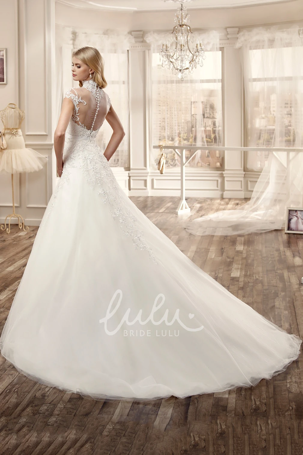 A-Line Wedding Dress with High Neck Appliques and Illusive Neckline/Back