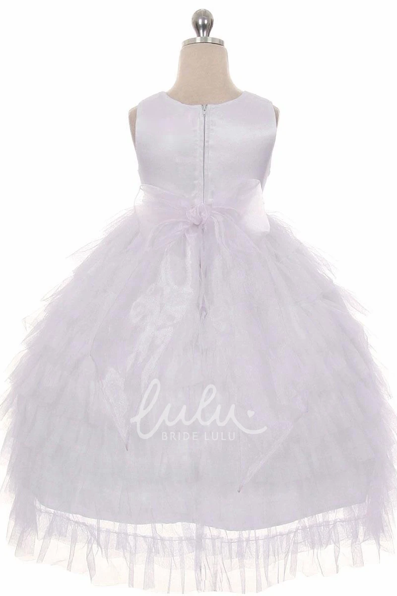 Ruffled Tea-Length Beaded Tulle & Organza Flower Girl Dress Modern Warm Wedding Dress