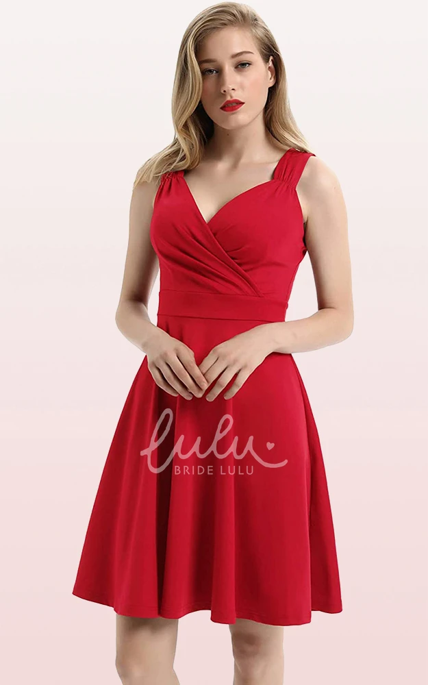 Sleeveless A Line Jersey V-neck Cocktail Dress with Ruffles Casual Prom Dress