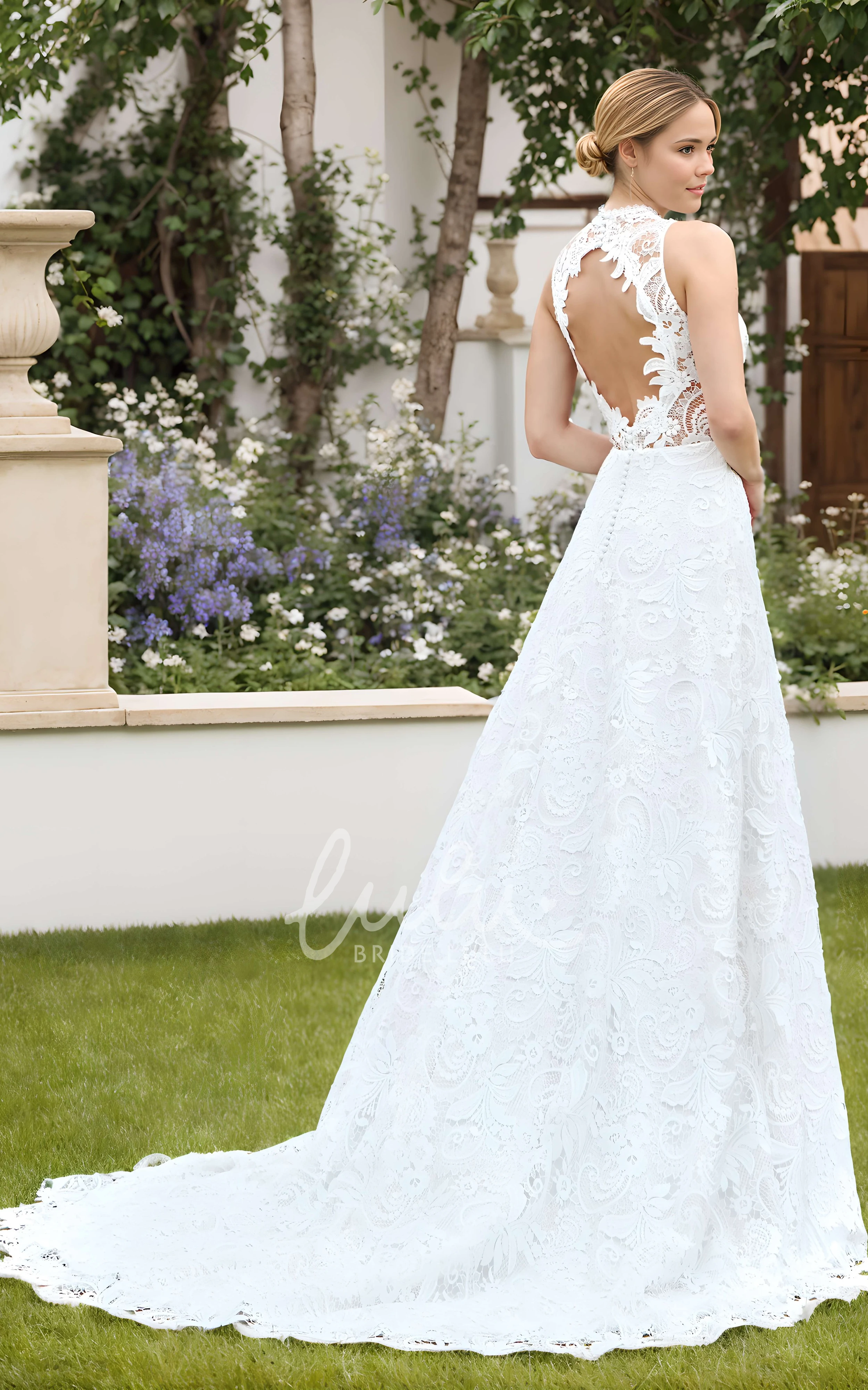 Modest Vintage A-Line Boho Lace High Neck Wedding Dress Elegant Floral Sleeveless Appliques Long Train Bridal Gown