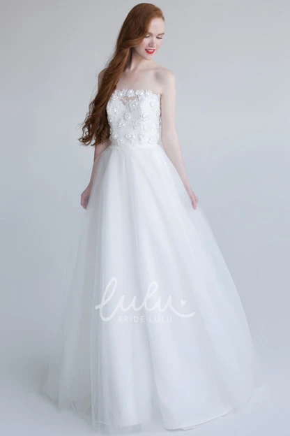 Maxi Floral Tulle Wedding Dress With Appliques Strapless A-Line Sleeveless
