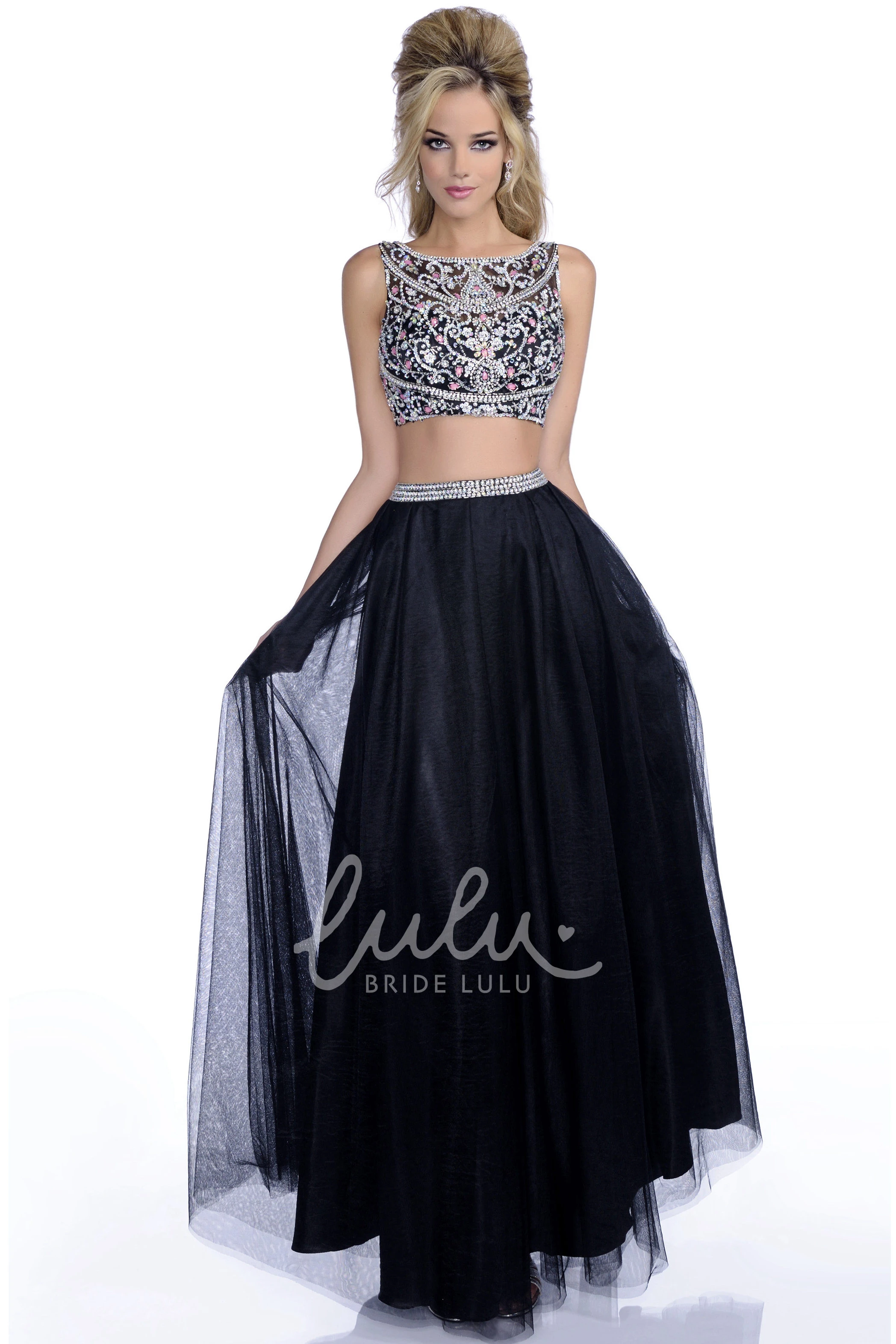 A-Line Tulle Sleeveless Prom Dress with Jeweled Bodice and Bateau Neckline