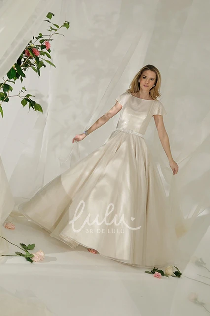 Jewel-Neck Tulle&Satin A-Line Wedding Dress with Poet Sleeves