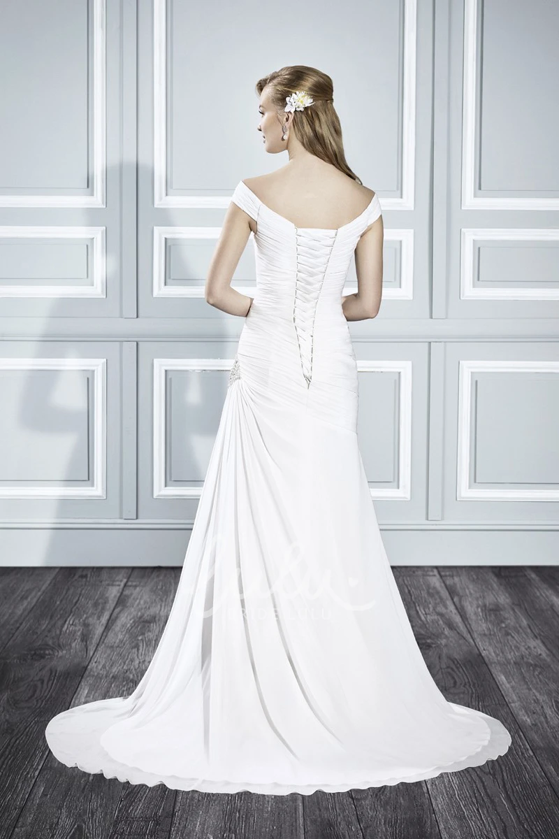 Off-The-Shoulder A-Line Satin Wedding Dress with Side Draping and Beading