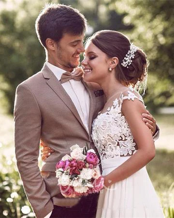 Chiffon A-Line Wedding Dress with Jewel Neckline and Button Closure