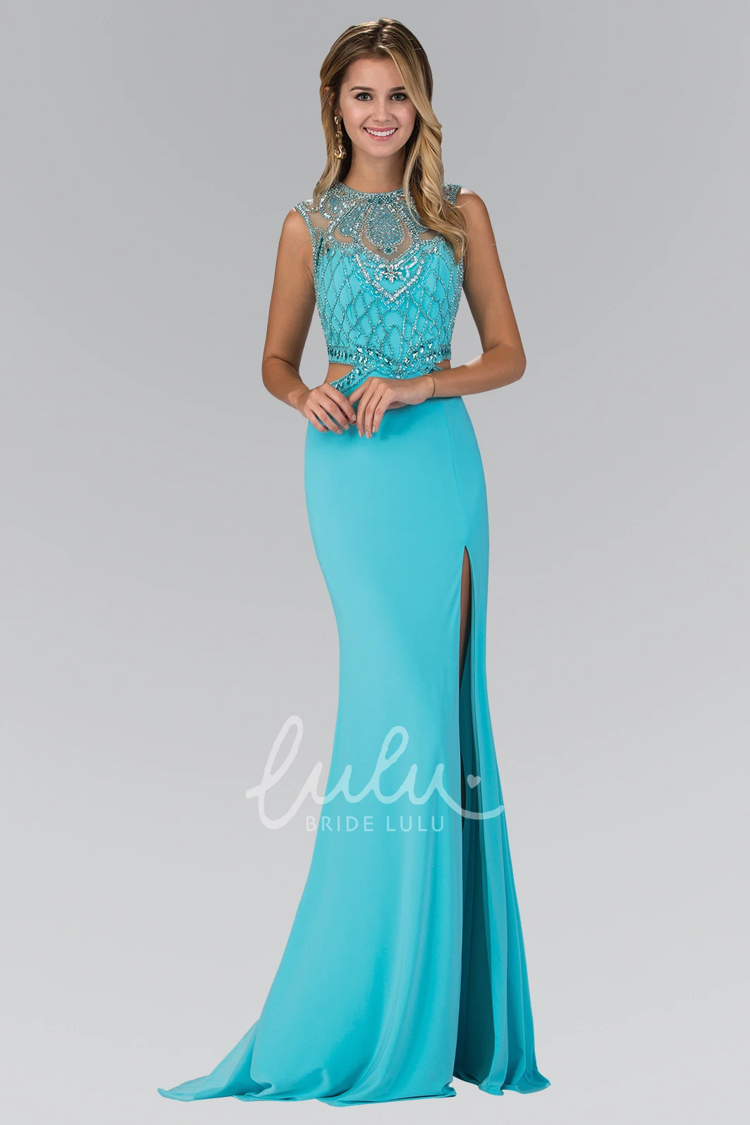 Beaded Jersey Sheath Formal Dress with Split Front