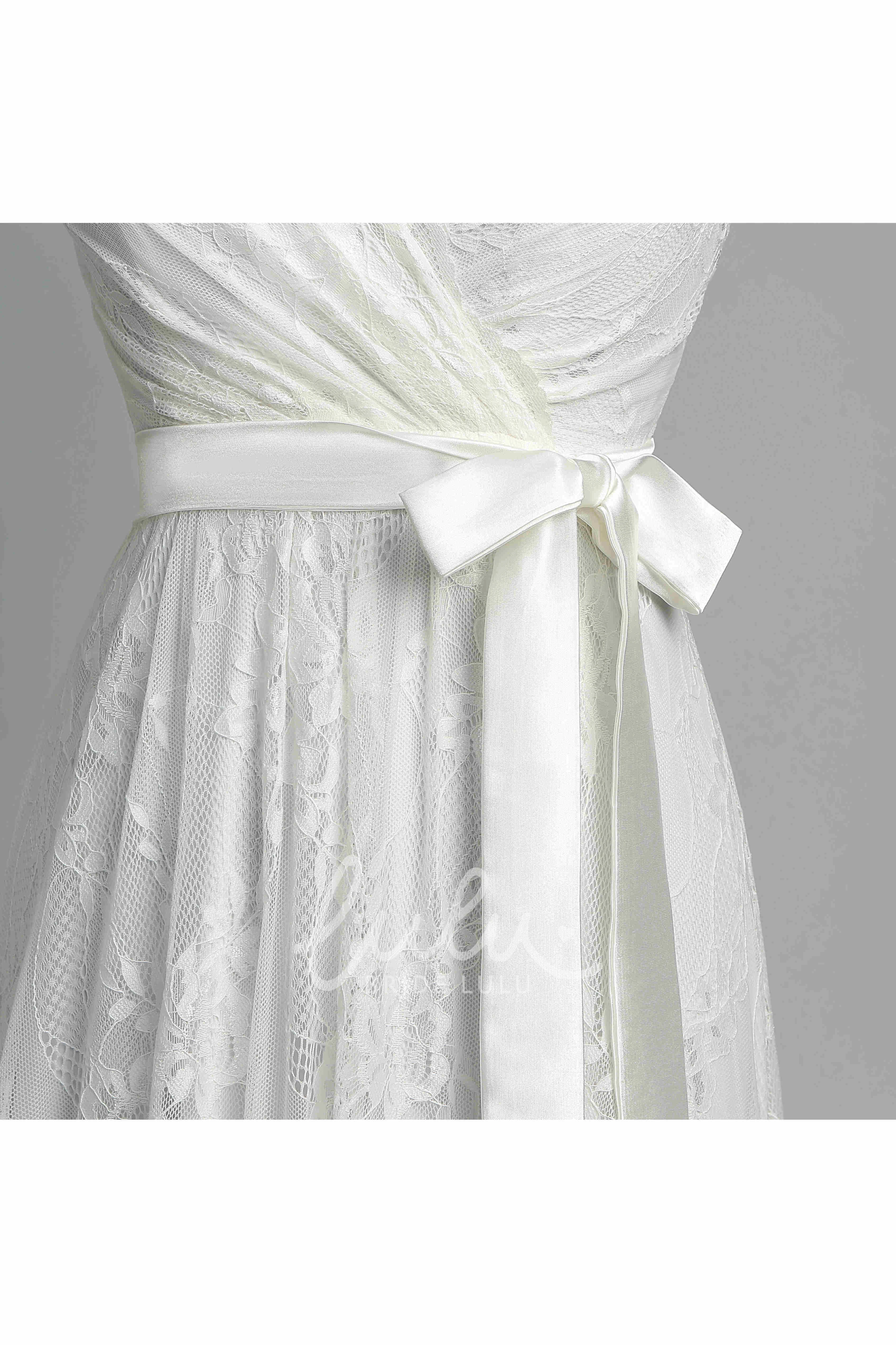 Lace A-Line Garden Wedding Dress with Floor-Length Bow and Sash Ribbon