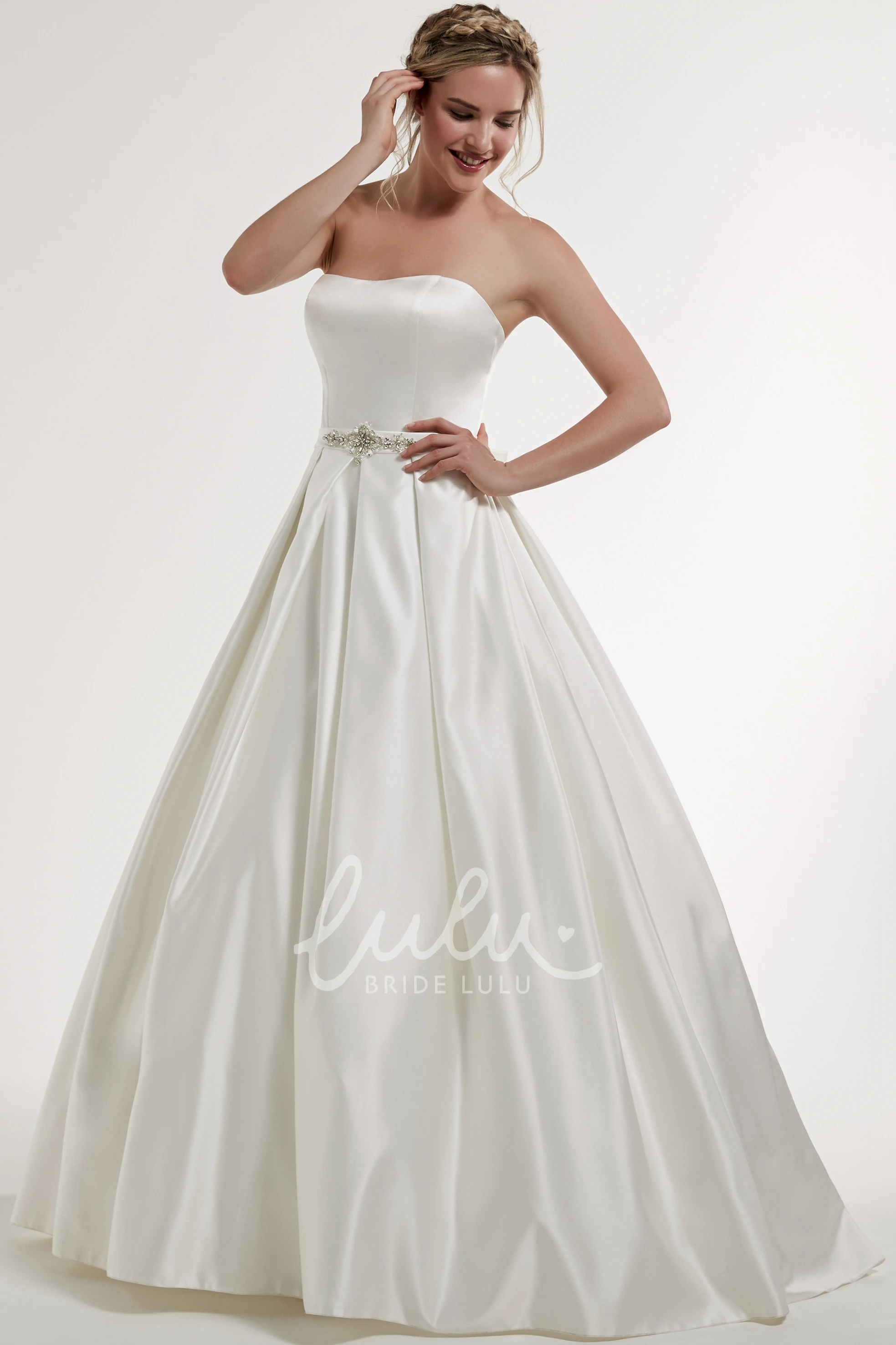 Strapless Satin Wedding Dress with Jeweled Bodice Bow and Backless Style Ball-Gown