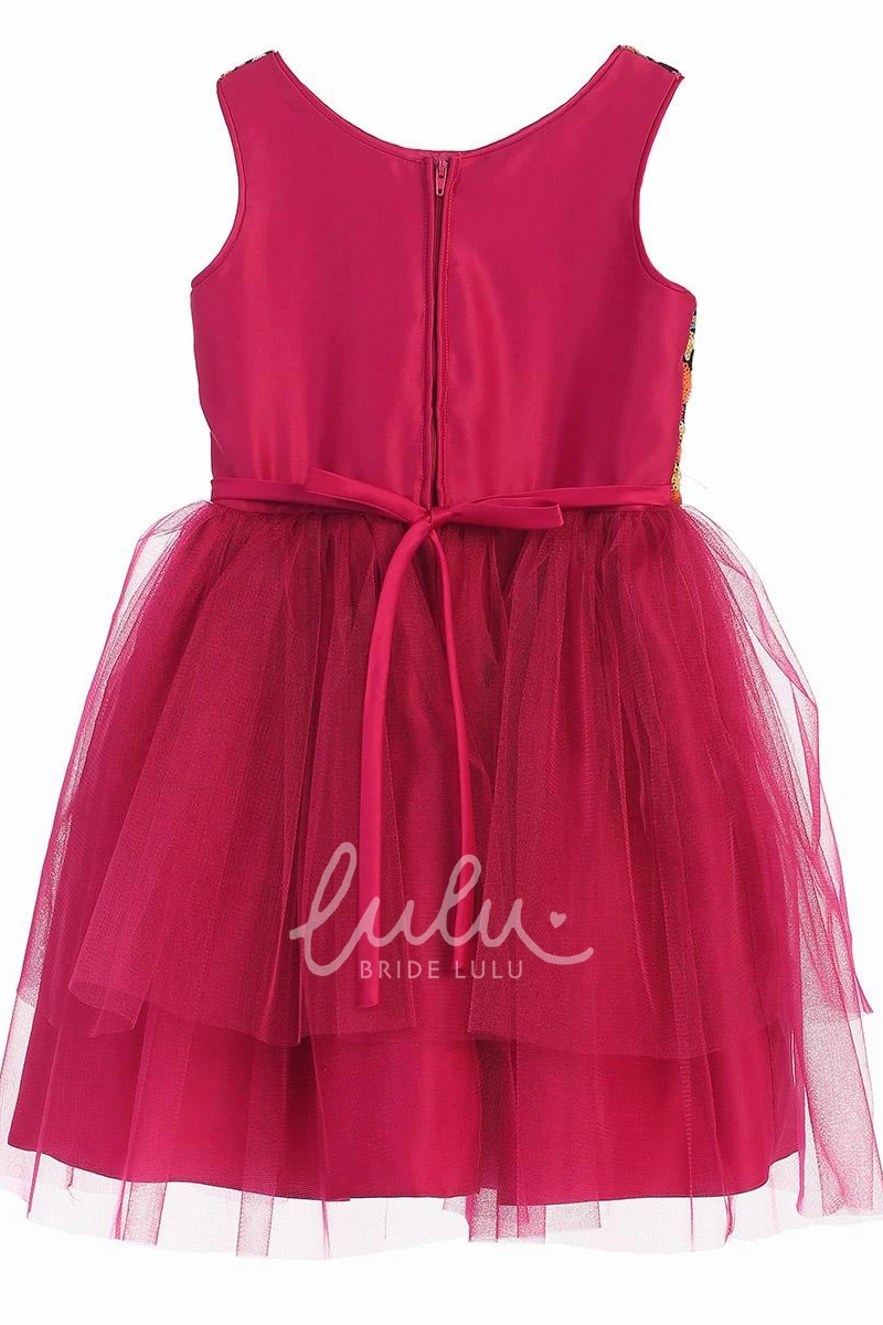 Floral Tulle Sequin Flower Girl Dress Tea-Length with Ribbon
