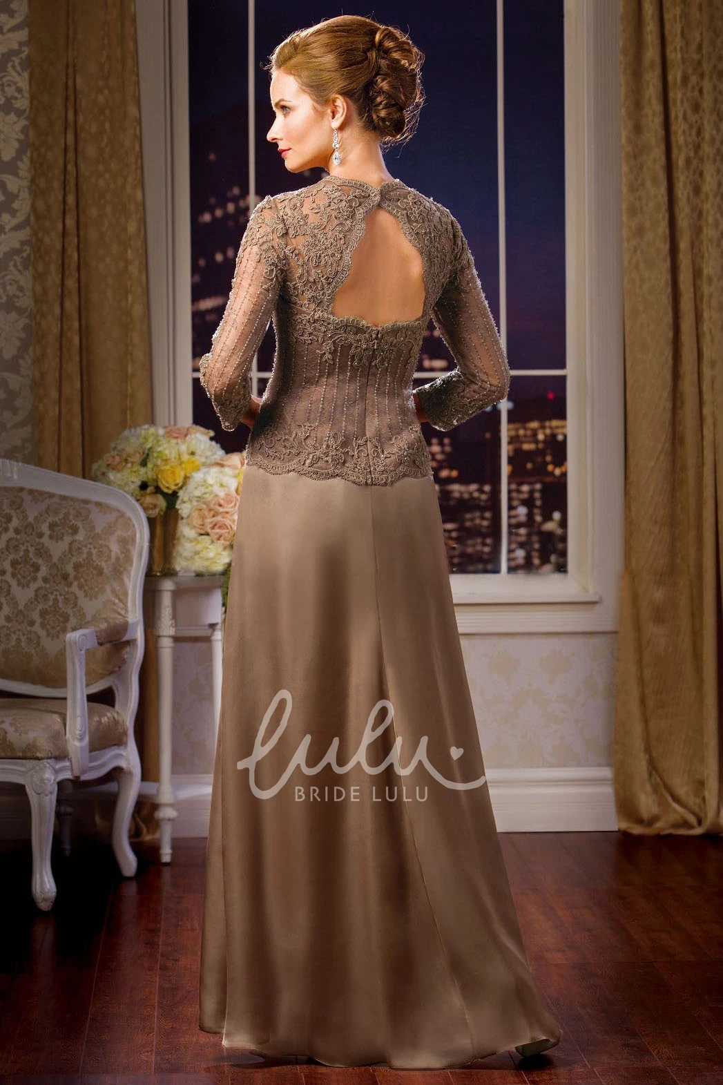 Long Mother of the Bride Dress with 3-4 Sleeves Keyhole Back and Beadings Modern Formal Dress