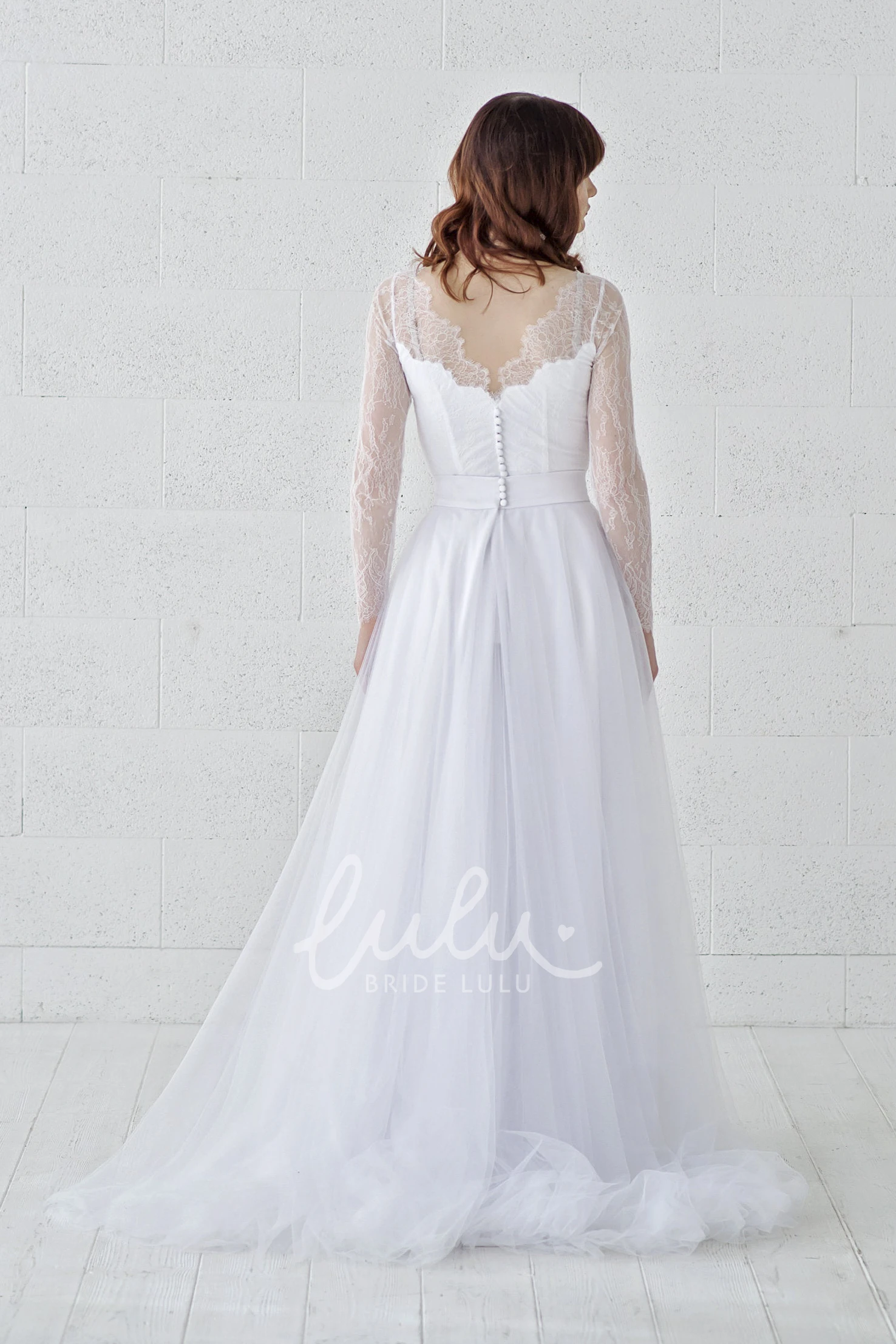 Illusion Lace Scalloped Tulle Wedding Dress with Button Back and Long Sleeves Modern Wedding Dress