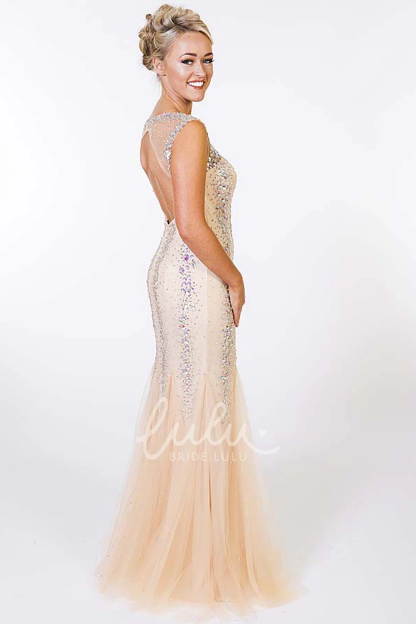 Sleeveless Beaded Sheath Tulle Prom Dress Scoop-Neck Floor-Length