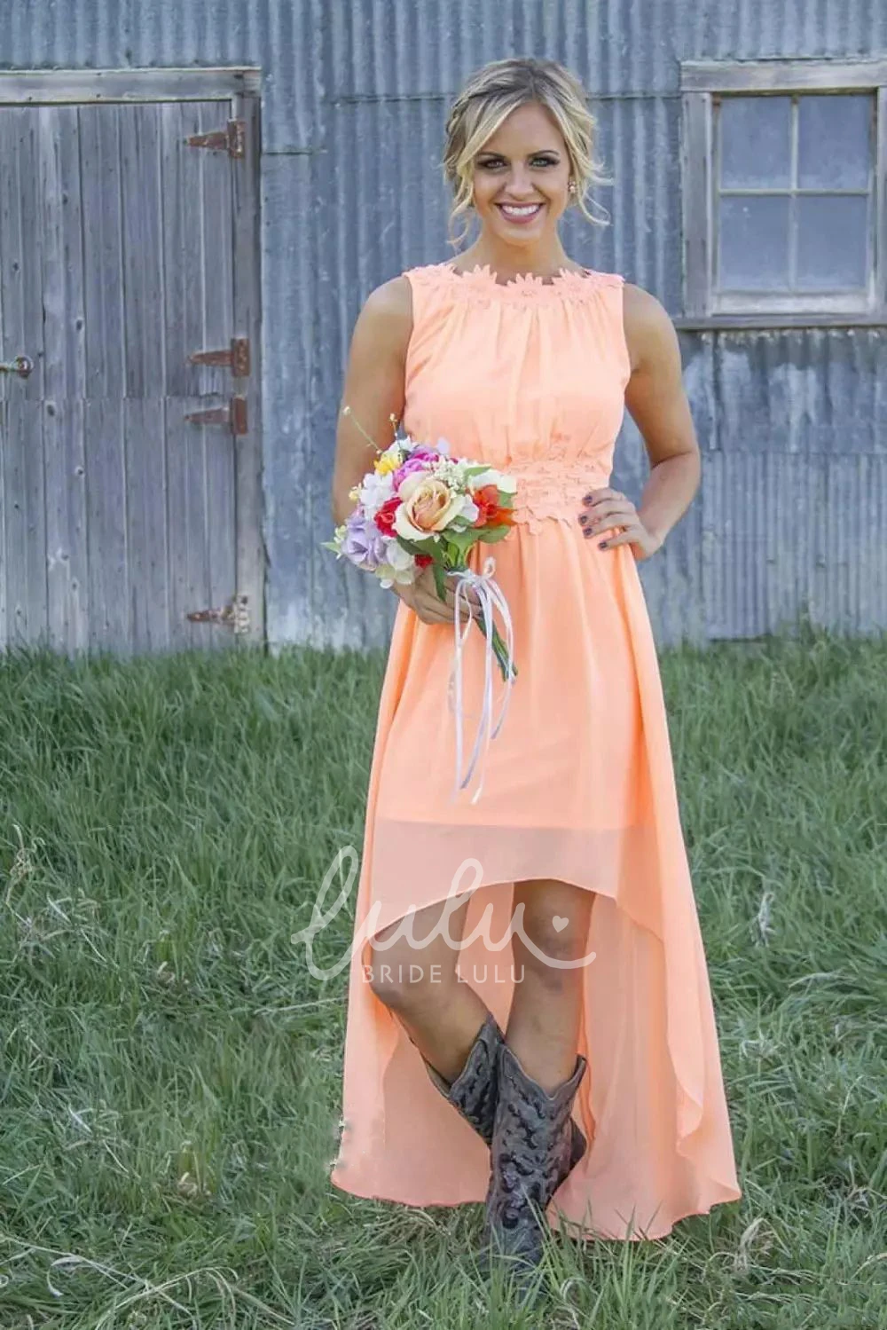 Chiffon Sleeveless A-line Bridesmaid Dress with Appliques High-low Jewel Neckline