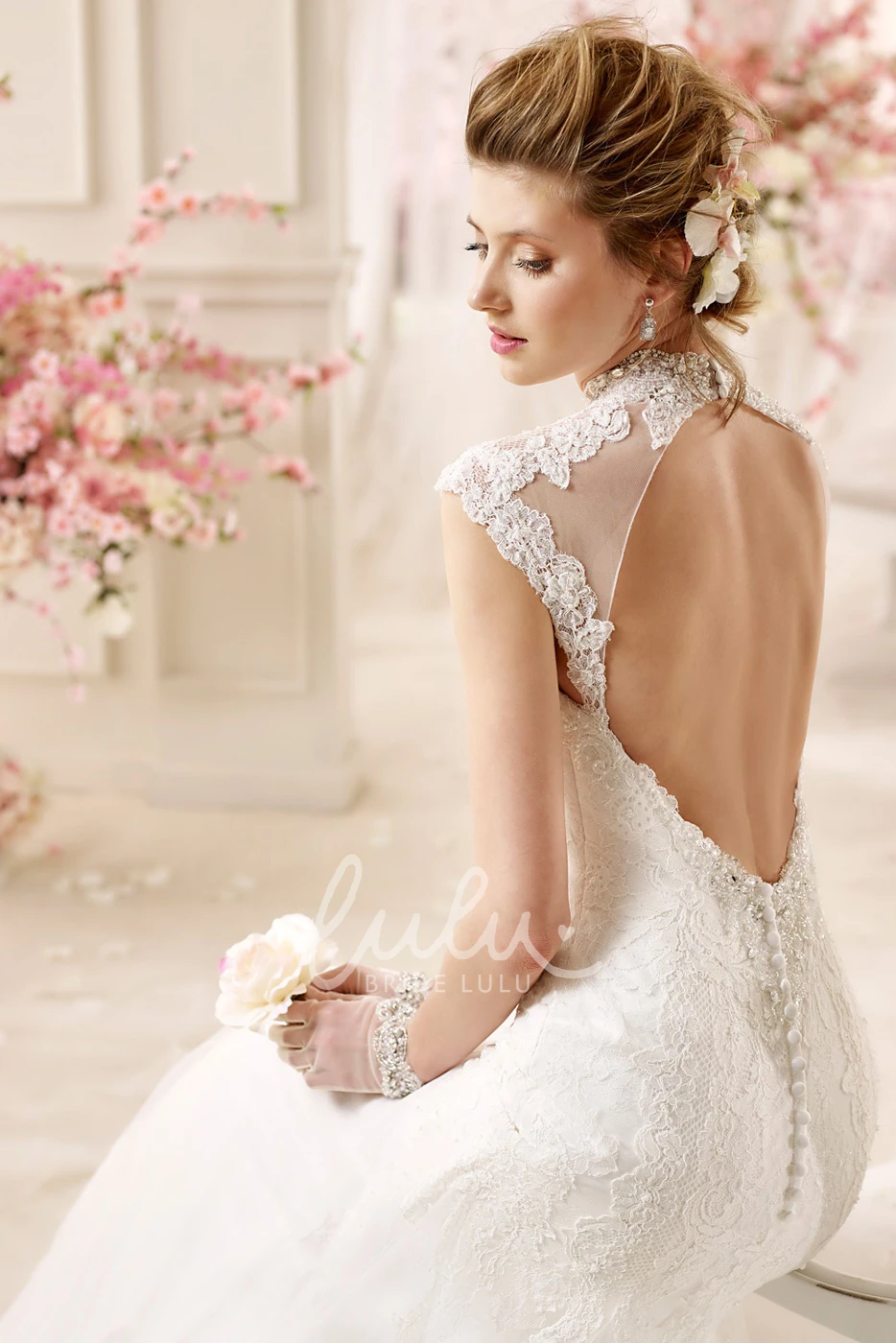 High-Neck Cap-Sleeve Mermaid Wedding Dress with Open Back and Illusive Design