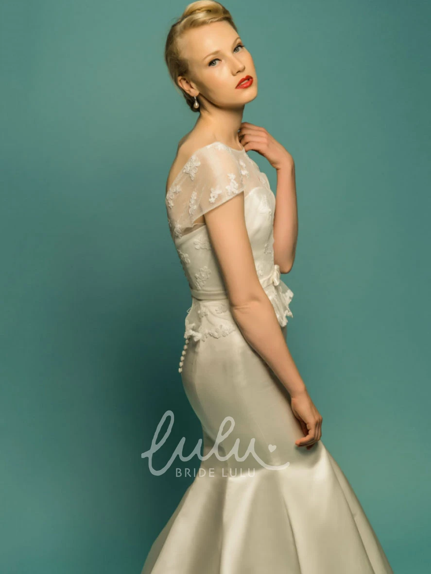 Mermaid Maxi Satin Wedding Dress with Peplum and Short Sleeves