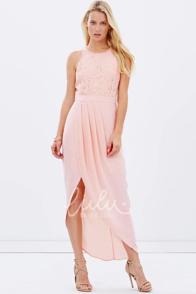 Lace Sleeveless High-Low Bridesmaid Dress with Chiffon Elegant Bridesmaid Dress