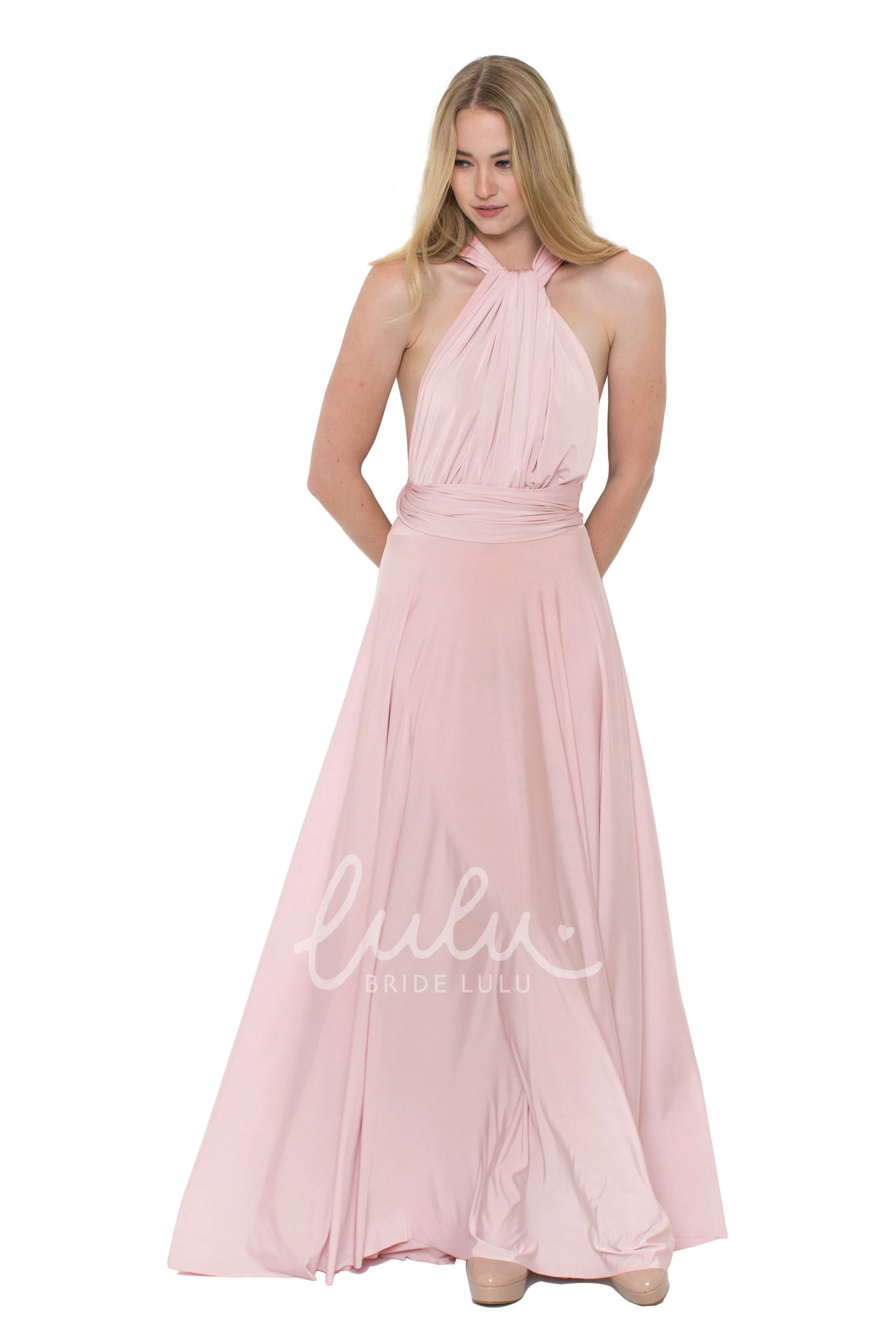 V-Neck Ruched Chiffon Bridesmaid Dress Floor-Length Sleeveless Convertible Multi-Color